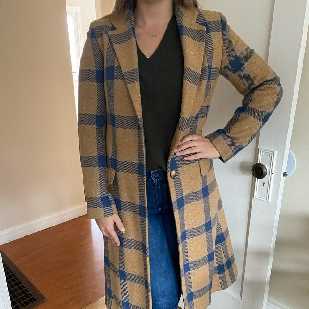 Camel and blue plaid, wool blend, long tailored coat